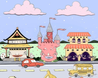 Puede incluir: Una ilustración caprichosa de una calle bordeada de casas de dibujos animados, cada una con una personalidad única. Las casas son una mezcla de estilos, incluyendo una pagoda, un castillo, una casa tradicional y un granero. Las casas tienen caras sonrientes y están rodeadas de hierba verde y flores. Hay dos coches conduciendo por la calle, un coche rojo y un autobús escolar amarillo.