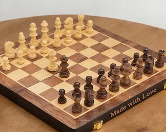 Luxury 15" Wooden Chess Set, Handcrafted Pieces Heavy Weight with Felt Bottom | Includes Folding Board & Extra 2 Queens | Personalized Gift