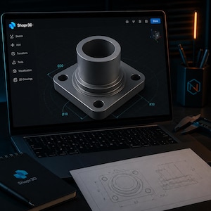 Könnte beinhalten: Ein Laptop-Bildschirm zeigt ein 3D-CAD-Modell eines quadratischen Metallflansches mit einem zentralen zylindrischen Rohr. Die Softwareoberfläche zeigt das Shapr3D-Branding, Werkzeugmenüs und Maßangaben wie 30, 10 und R10. Eine technische Zeichnung mit entsprechenden Maßen liegt auf dem Schreibtisch.