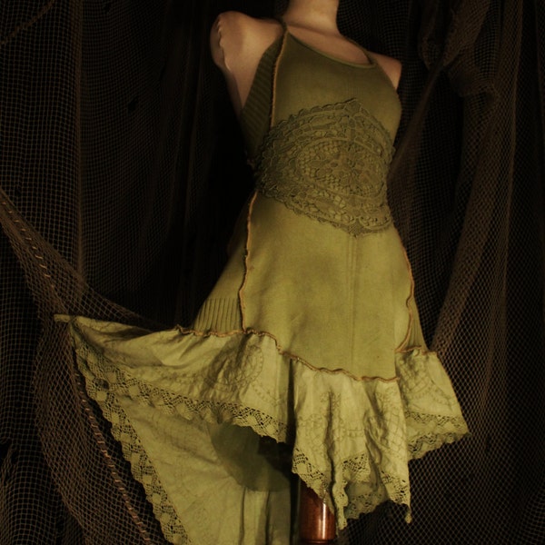 rococo fishtail dress  - rustic ruffle fairy tail pirate style romantic dress tunic halter in lace and cotton in dusty green olive sage
