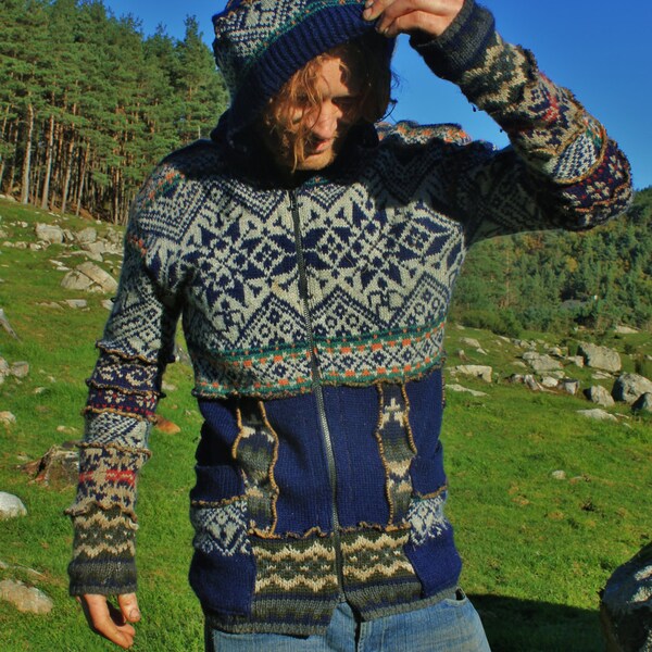 varm nordic artic mens jacket elf folk gypsy hippie bohemian coat in blue gray upcycled norwegian knittet wool sweaters XL