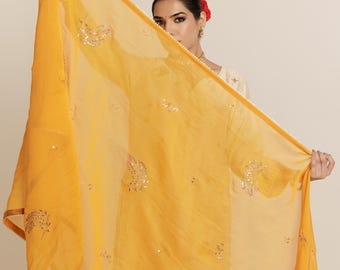 Dupatta festivo hecho a mano - Bordado a mano, Gota Patti, Estola con lentejuelas, Velo