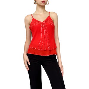 Camisole vintage en soie rouge de l&#39;an 2000 - Débardeur à bretelles fines des années 2000 avec perles et strass - Taille M