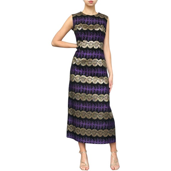 slim fit dress slacks Vintage Striking Red Purple Green Metallic Maxi Dress