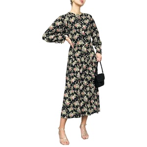 Vintage Scandinavian Floral Viscose Midi Dress-Puff Sleeves, Button Front-80s-Size M