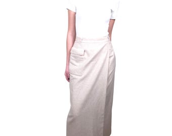 Vintage Alain Maloukian Italian Wool Beige Maxi Skirt with Pockets – Size M