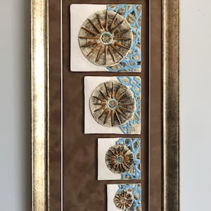 Handmade Ceramic Wall Art – Framed Abstract Geometric Design with Natural and Blue Accents – Unique Home Decor