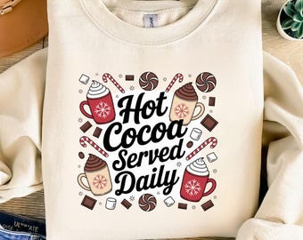 Warme cacao dagelijks geserveerd png, shirtontwerp kerst warme chocolademelk, retro kerstsublimatie png, cadeau-idee cacaoliefhebber, digitale download