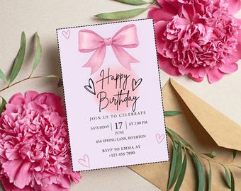 Faire-part d'anniversaire coquette avec noeud rose : modèle de toile modifiable (téléchargement numérique)