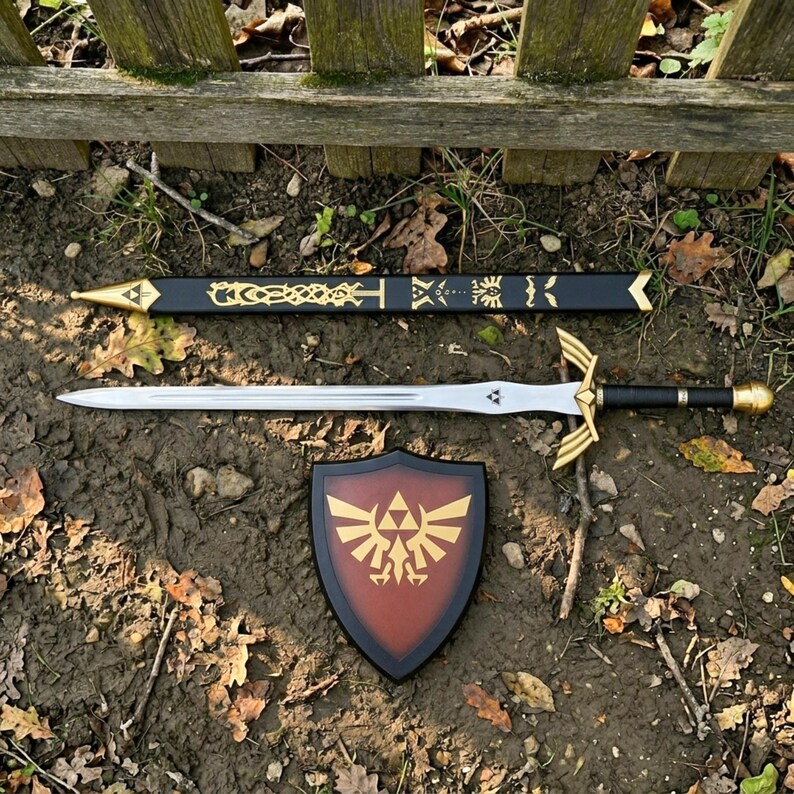 Peut inclure: Une &eacute;p&eacute;e argent&eacute;e avec une poign&eacute;e noire et une garde dor&eacute;e, un fourreau noir orn&eacute; de motifs d&eacute;coratifs dor&eacute;s, et un bouclier au centre marron avec un embl&egrave;me dor&eacute; repr&eacute;sentant un oiseau et un triangle.