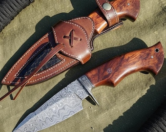 Couteau Bowie en acier damas : manche en palissandre fait main, étui en cuir, couteau de chasse au lynx roux, outil pour les aventuriers, cadeau pour lui