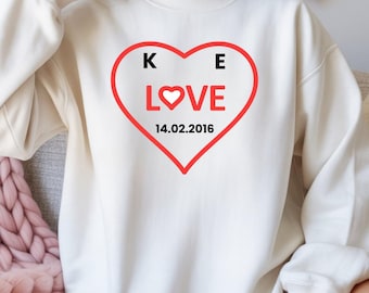 Personalized Heart Love Sweatshirt with Initials & Date, Custom Couples Gift, Valentine’s Day Sweatshirt, Anniversary Gift for Her