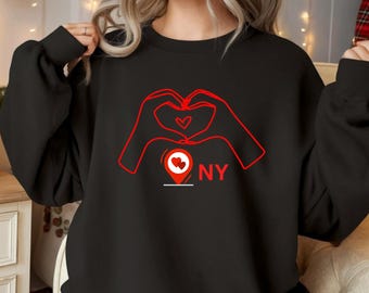 Custom City Love Sweatshirt, Personalized Location Hoodie with Heart Hands, Gift for Couples, Long Distance, Anniversary