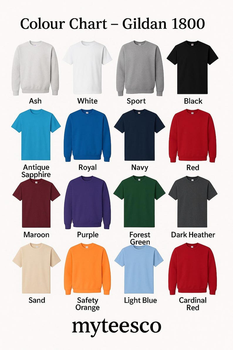 May include: A color chart of Gildan 1800 apparel, including t-shirts and sweatshirts, in various colors such as ash, white, black, red, and purple. The image displays the color options available, with the brand name "myteesco" at the bottom.