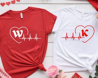 Personalized Couple Heartbeat Shirts, Matching Initials Set, Valentine Gift, His and Hers Love Tee ST6802
