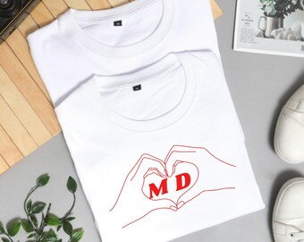 Personalized Initials Heart T-Shirt, Couple Matching Shirt, Custom Letter Love Tee, Minimal Line Art Gift