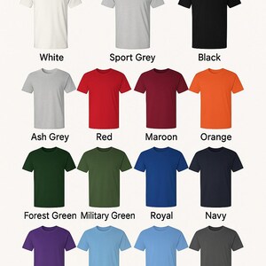 May include: A color chart of Gildan 1800 t-shirts in various colors, including white, sport grey, black, ash grey, red, maroon, orange, forest green, military green, royal, navy, purple, light blue, carolina blue, and charcoal. The text "myteesco" is at the bottom.