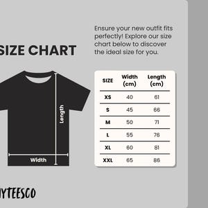 May include: A black t-shirt with a size chart, including measurements in centimeters, for various sizes from XS to XXL. The chart shows width and length measurements. The text "SIZE CHART" is at the top.