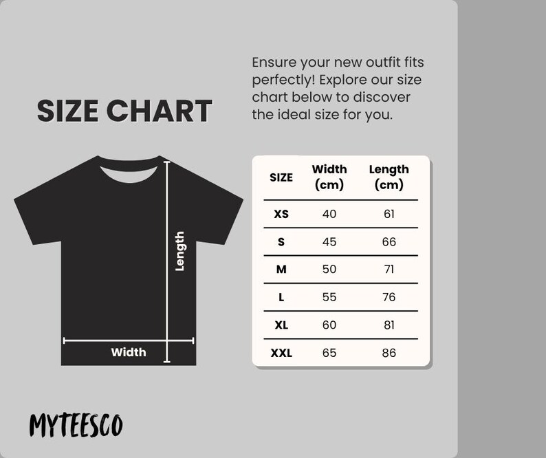 May include: A black t-shirt with a size chart, including measurements in centimeters, for various sizes from XS to XXL. The chart shows width and length measurements. The text "SIZE CHART" is at the top.