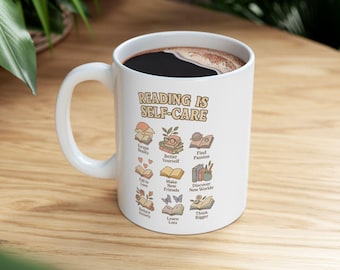 Reading Is Self-Care Mug | Cozy Book Lover Coffee Cup with Icons