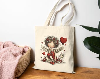 Valentine Angel Tote Bag | Cupid Heart Balloon Canvas Tote