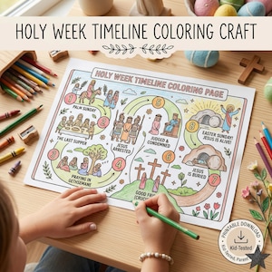 Puede incluir: Un niño coloreando una página de "Holy Week Timeline Coloring Craft". La página presenta ilustraciones que representan eventos desde el Domingo de Ramos hasta el Domingo de Resurrección, con etiquetas de texto. Se ven lápices de colores y crayones sobre la mesa.