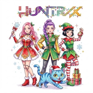 May include: Illustration of three anime-style figures in Christmas attire with a blue cat wearing a Santa hat. The figures are dressed as a Christmas elf, a soldier, and a Christmas princess. The word "HUNTRIX" is written above the figures in colorful letters.
