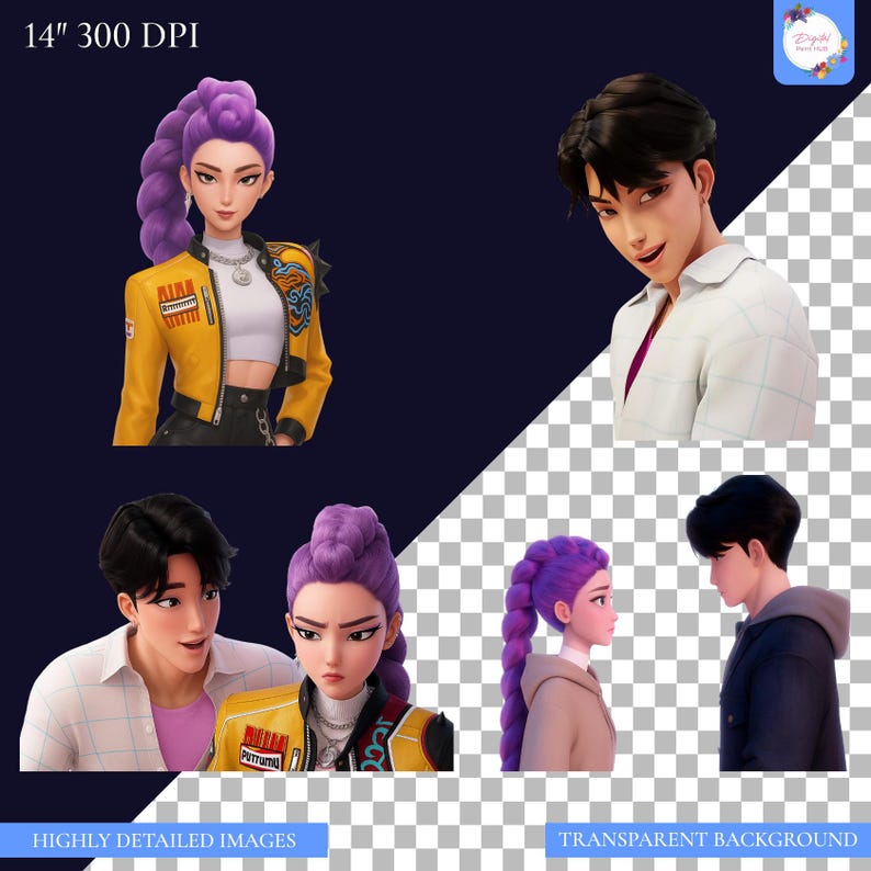 May include: Digital art featuring stylized characters with detailed features. A woman with purple hair wears a yellow jacket. A man with black hair is in a white shirt. The image has a transparent background.