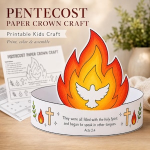 May include: A paper crown craft featuring a flame design with a white dove at its centre. The white crown has crosses, flames, and text from Acts 2:4. The image text reads "Pentecost Paper Crown Craft" and "Printable Kids Craft."