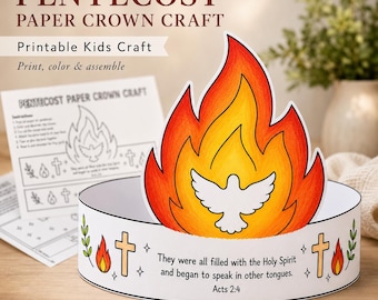 Manualidad de corona de papel de Pentecostés / Manualidad imprimible para la iglesia de Pentecostés / Actividad para colorear para niños de la escuela dominical en PDF / Lección bíblica para niños sobre el Espíritu Santo