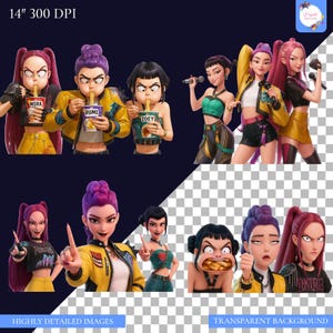 May include: Highly detailed digital art featuring a group of animated female characters with various hairstyles and outfits. Some characters are eating noodles, while others are holding microphones. The image has a transparent background.