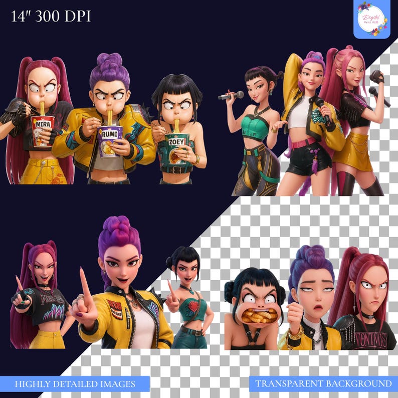 May include: Highly detailed digital art featuring a group of animated female characters with various hairstyles and outfits. Some characters are eating noodles, while others are holding microphones. The image has a transparent background.