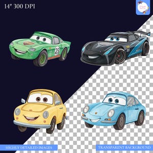 May include: Watercolor illustrations of four cartoon cars in various colors: green, black, yellow, and blue. Each car has a smiling face and is set against a dark blue background and a transparent background. Text at the top reads "14" 300 DPI".