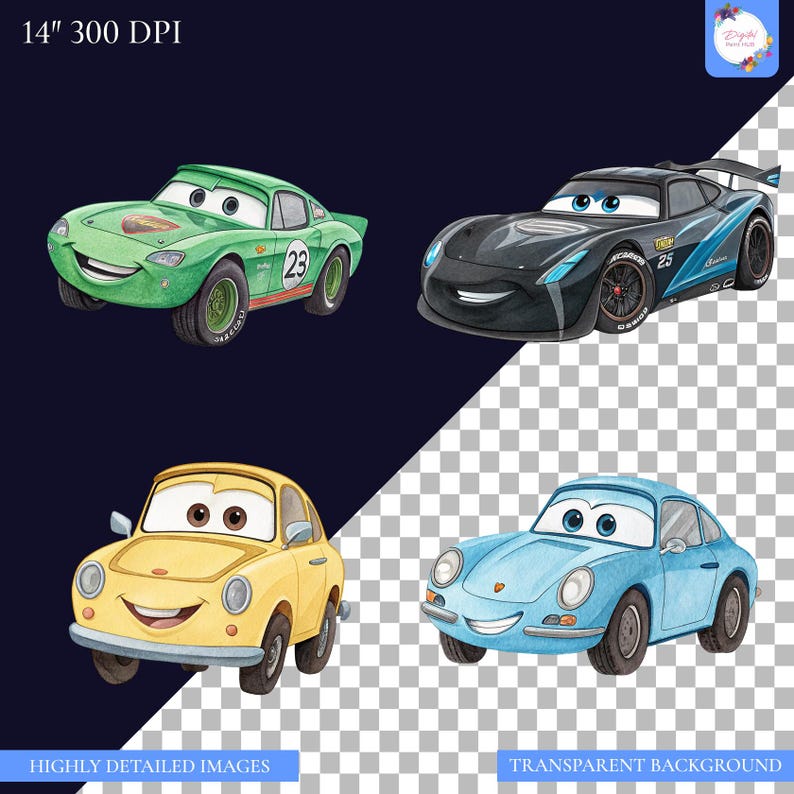 May include: Watercolor illustrations of four cartoon cars in various colors: green, black, yellow, and blue. Each car has a smiling face and is set against a dark blue background and a transparent background. Text at the top reads "14" 300 DPI".