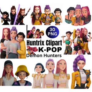 Peut inclure: Ensemble de cliparts numériques sur le thème de la K-Pop, présentant des illustrations stylisées de personnages féminins. Les images montrent diverses poses et tenues, avec des couleurs vives et des compositions dynamiques. Le texte comprend "30 PNG" et "Huntrix Clipart K-POP Demon Hunters."
