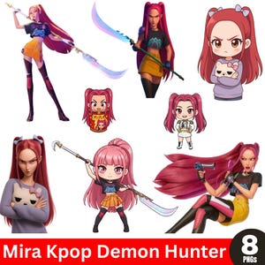 Peut inclure: Collection de huit images PNG mettant en scène un personnage aux cheveux rouges et à l'expression déterminée. Le personnage est représenté dans diverses poses, certaines tenant des armes. Les images incluent le texte "Mira Kpop Demon Hunter".