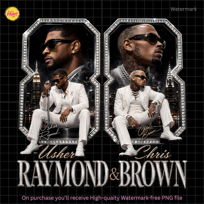 K&ouml;nnte beinhalten: Eine digitale Grafik mit Usher Raymond und Chris Brown, die jeweils einen wei&szlig;en Anzug und eine Sonnenbrille tragen. Sie sind in mit Diamanten besetzte Achten vor einem schwarzen Rasterhintergrund mit Stadtsilhouetten eingerahmt.