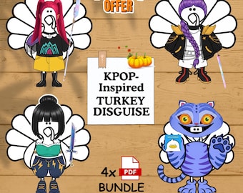 Kpop Dämonenjäger Türkei Verkleidung zum Ausdrucken - Saja Girls Rumi Mira Zoey Derpy Truthahn Disguise Bundle - Kinder Thanksgiving Aktivität Bastelset