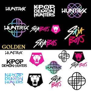May include: A collection of logos and text designs on a black and white background. The logos include the words "HUNTRAX", "KPOP DEMON HUNTERS", and "SAJA BOYS". Some logos feature a lion's head or geometric shapes.