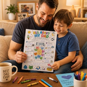 May include: A white paper activity sheet titled All About My Dad Little Memories Edition featuring a central mason jar illustration filled with colorful hearts, surrounded by numbered prompts, hand-drawn icons, and handwritten text in blue ink.
