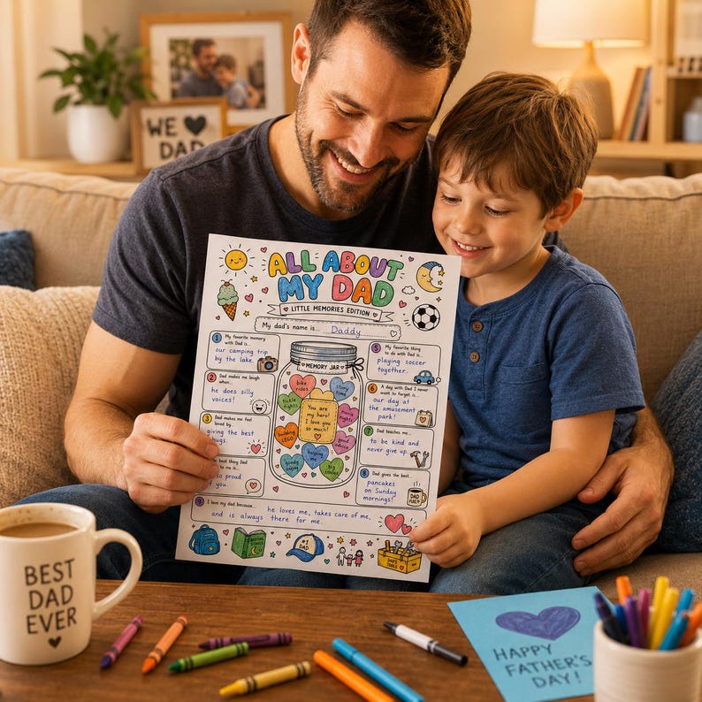 May include: A white paper activity sheet titled All About My Dad Little Memories Edition featuring a central mason jar illustration filled with colorful hearts, surrounded by numbered prompts, hand-drawn icons, and handwritten text in blue ink.