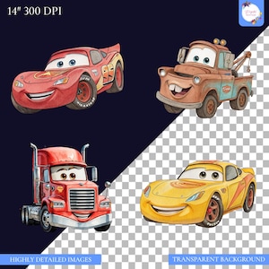 May include: Watercolor illustrations of four cartoon cars. A red race car with the number 95, a brown tow truck, a red semi-truck, and a yellow sports car. The image includes the text "HIGHLY DETAILED IMAGES" and "TRANSPARENT BACKGROUND".