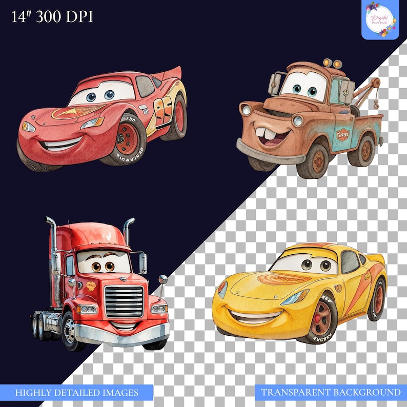 May include: Watercolor illustrations of four cartoon cars. A red race car with the number 95, a brown tow truck, a red semi-truck, and a yellow sports car. The image includes the text "HIGHLY DETAILED IMAGES" and "TRANSPARENT BACKGROUND".