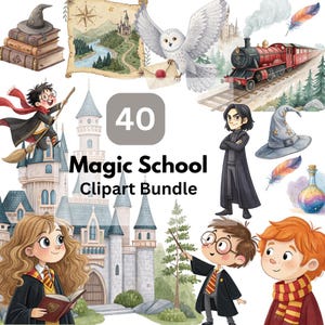 Magic School Clipart, Watercolor Wizard Clipart, Wizard School Clipart, Fantasy Wizard Characters & Castle Scenes, Wizard School Watercolor