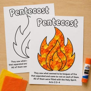 May include: Two white sheets of paper with the word "Pentecost" printed on them. One sheet has a flame outline, the other has a flame filled with orange and yellow paper. Text from Acts 2:3-4 is printed below the flame. An orange glue stick is on the right.