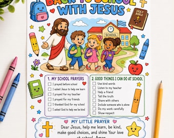 Back to School with Jesus Coloring Page Printable | Christian Kids School Prayer | DIY Back to School Activity PDF | Digital Download