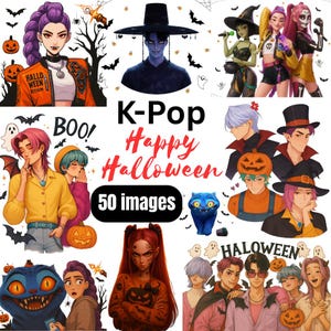 May include: A digital art collage featuring K-Pop-themed Halloween illustrations. The image includes various characters in costumes, pumpkins, bats, and the text "K-Pop Happy Halloween" and "50 images". The overall color palette is vibrant with orange, purple, and black.