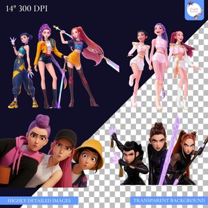May include: Digital illustrations of stylized female characters in various outfits, holding weapons. The characters have diverse hairstyles and skin tones. The image includes text that reads "HIGHLY DETAILED IMAGES" and "TRANSPARENT BACKGROUND".