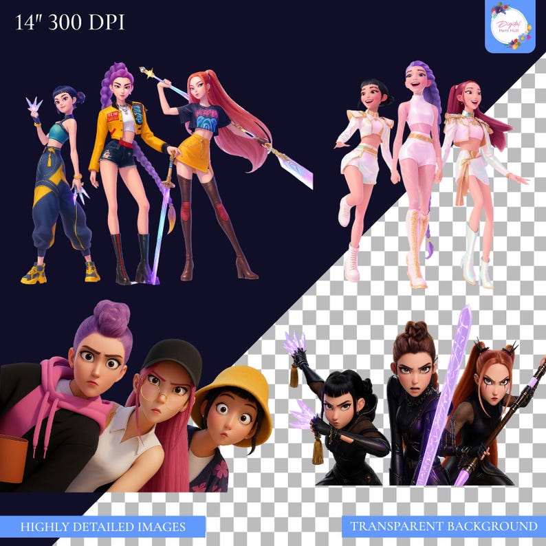 May include: Digital illustrations of stylized female characters in various outfits, holding weapons. The characters have diverse hairstyles and skin tones. The image includes text that reads "HIGHLY DETAILED IMAGES" and "TRANSPARENT BACKGROUND".