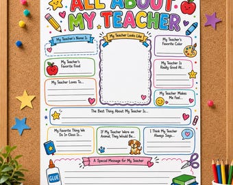 All About My Teacher Printable Worksheet, Teacher Favorite Things Survey, Back to School Actvity PDF, Teacher Appreciation, Digital Download